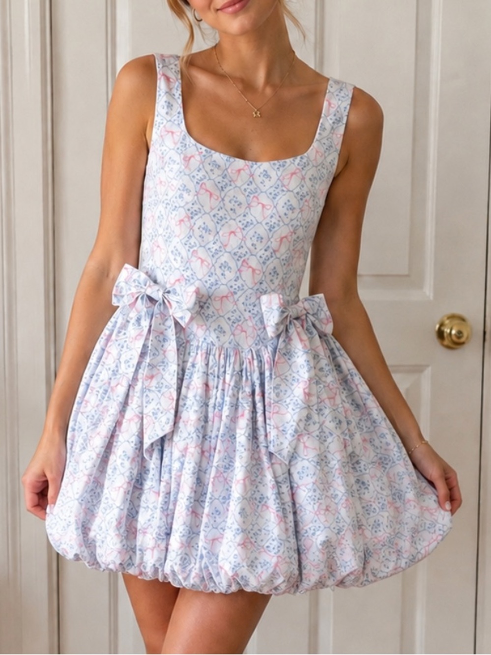 Altar'd State Harlow White Dress with Floral & Bow Print Bubble Skirt Medium